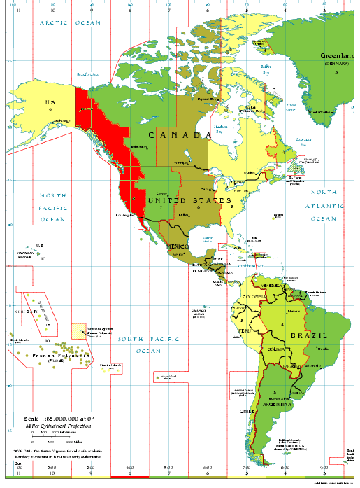 Time Zones on Earth for the Americas